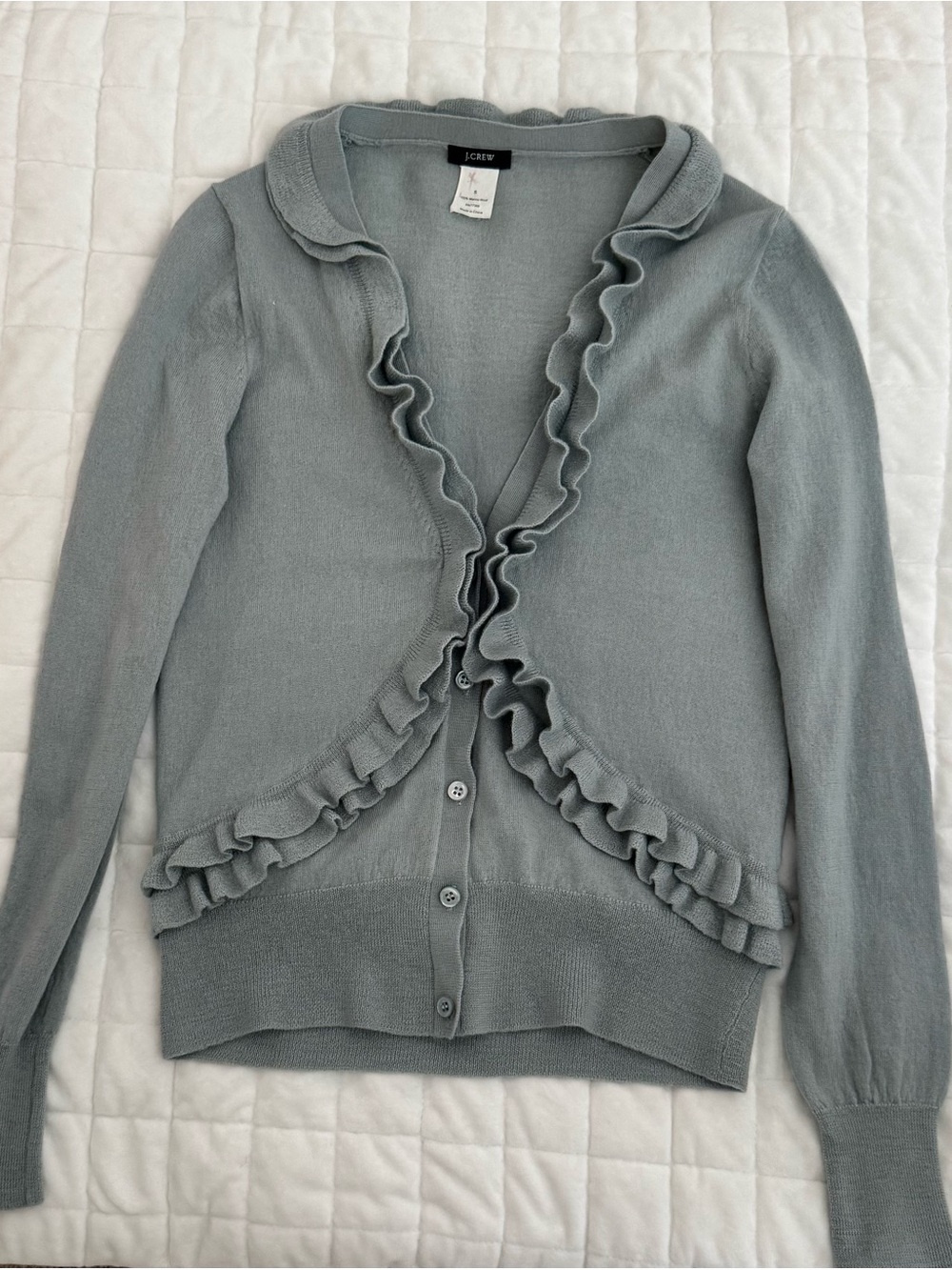 J. Crew Light Gray Ruffle-Trim Cardigan